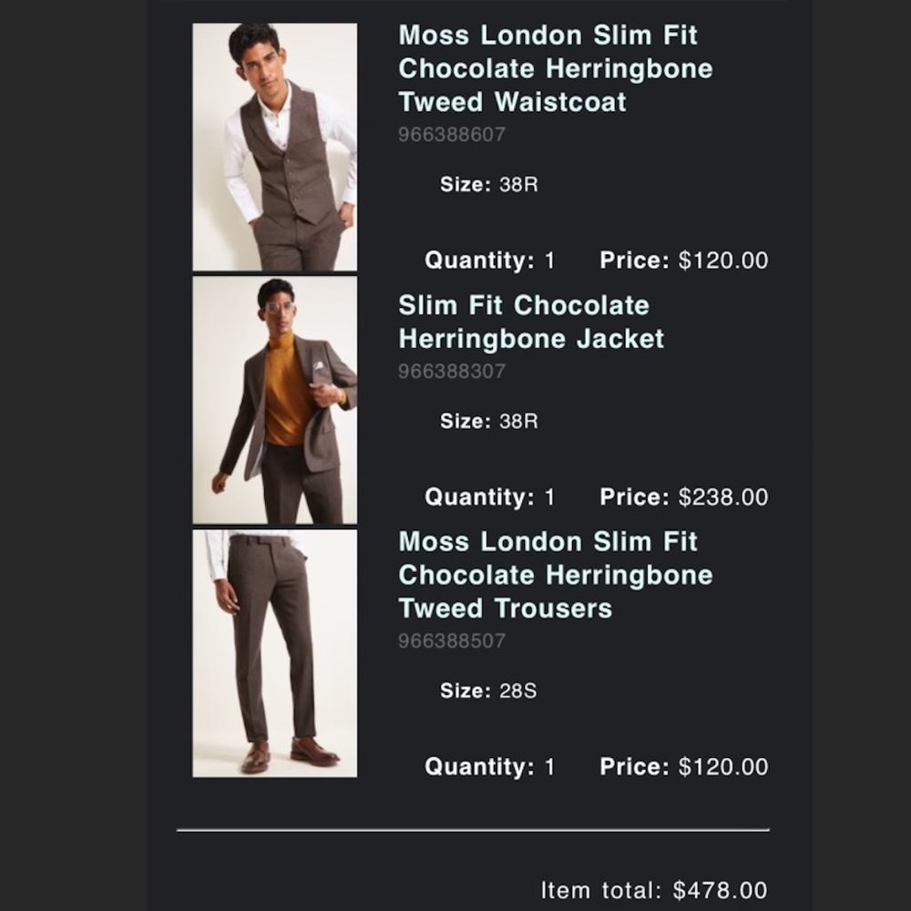 MOSS London 3-Piece Herringbone Tweed Slim Fit Chocolate Suit